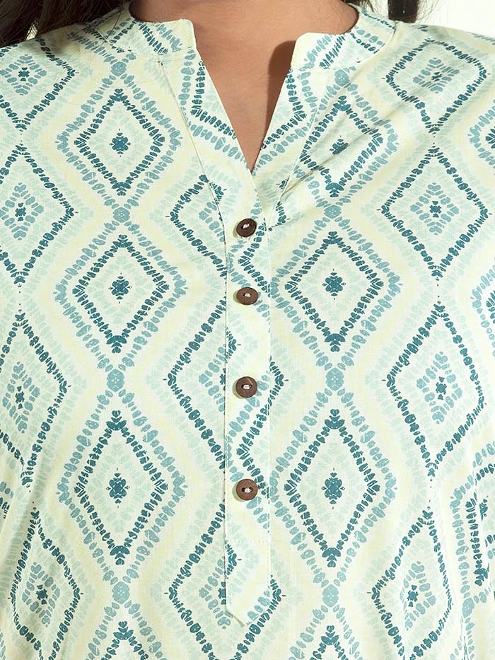 White with Blue Print Straight Kurti With Beige Pant