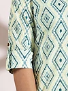 White with Blue Print Straight Kurti With Beige Pant