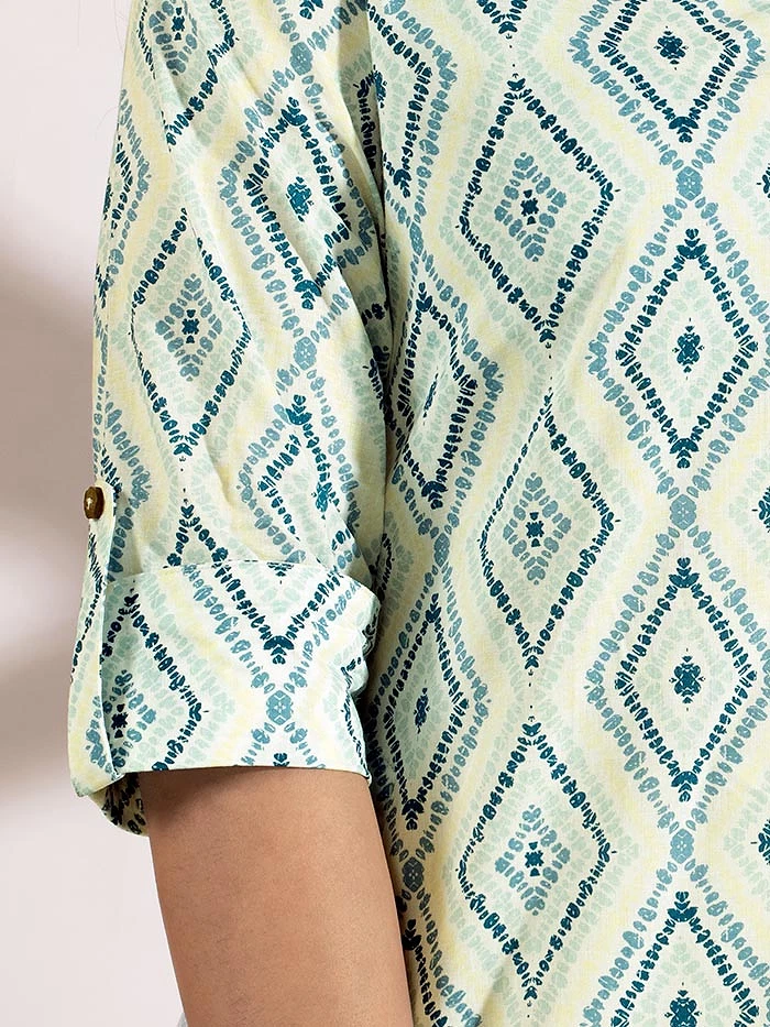 White with Blue Print Straight Kurti With Beige Pant