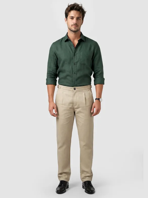 Beige Side-Adjuster Cotton Slub Trousers