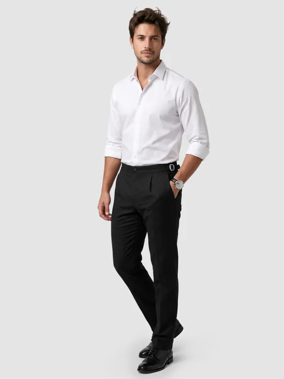 Black Side-Adjuster Cotton Slub Trousers