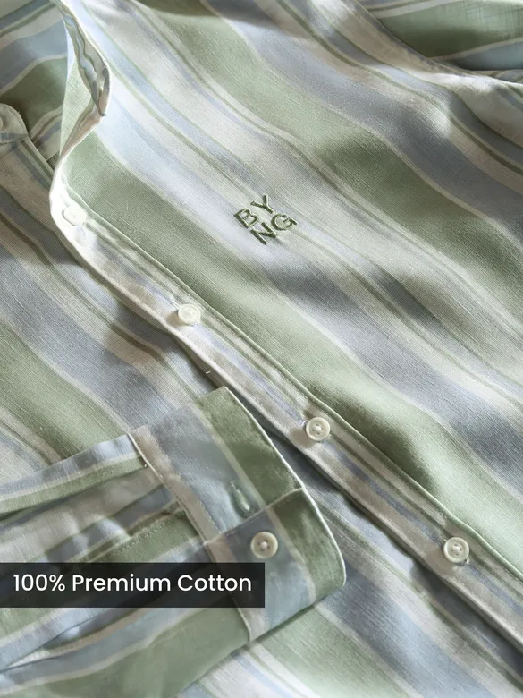 Green And Blue Stripe Mandarin Collar Shirt