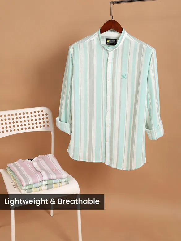 Yellow And Grey Stripe Mandarin Collar Shirt