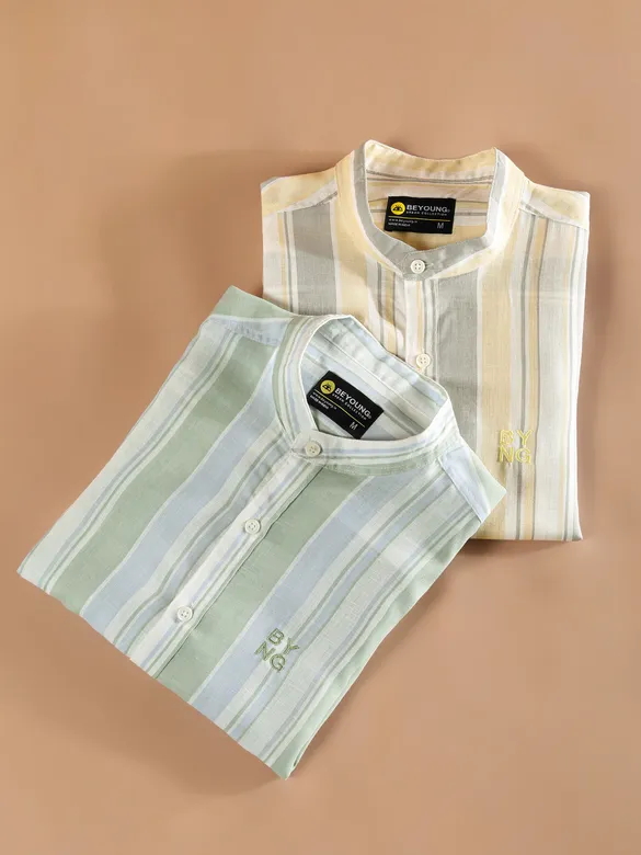 Yellow And Grey Stripe Mandarin Collar Shirt