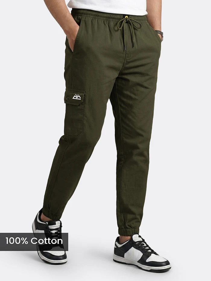buy army green joggers for men in cotton fabric with roomy pockets for outdoor style, 