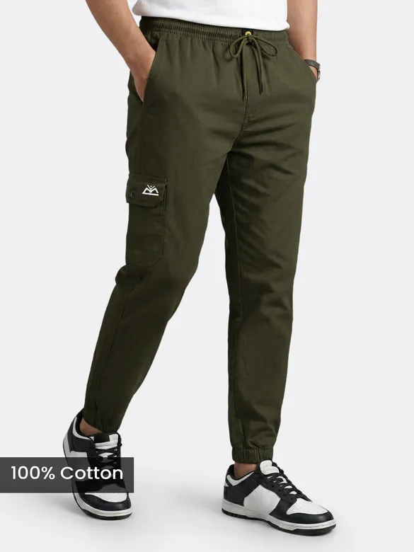 buy army green joggers for men in cotton fabric with roomy pockets for outdoor style, 