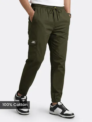 buy army green joggers for men in cotton fabric with roomy pockets for outdoor style, 