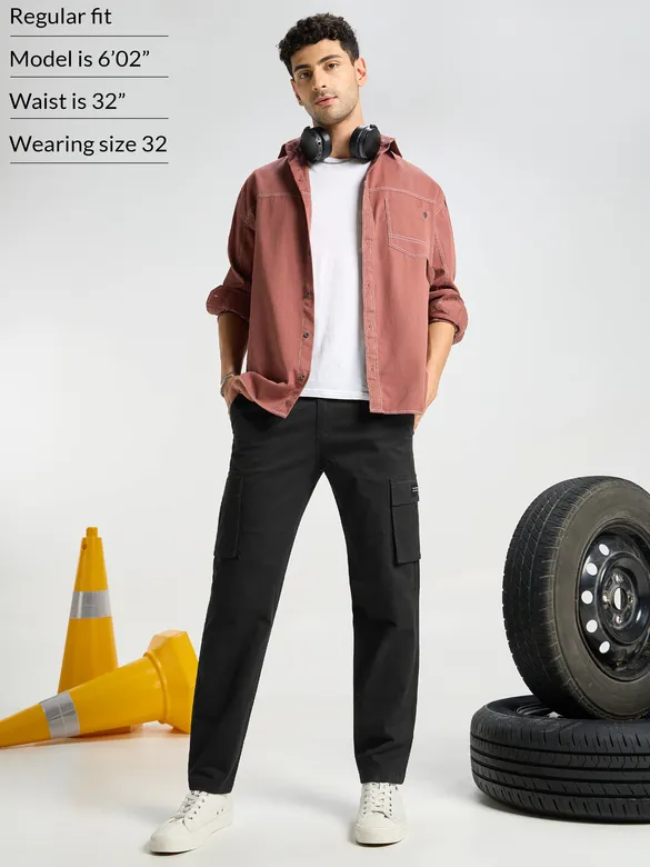 Black Solid Cargo Pants for Men