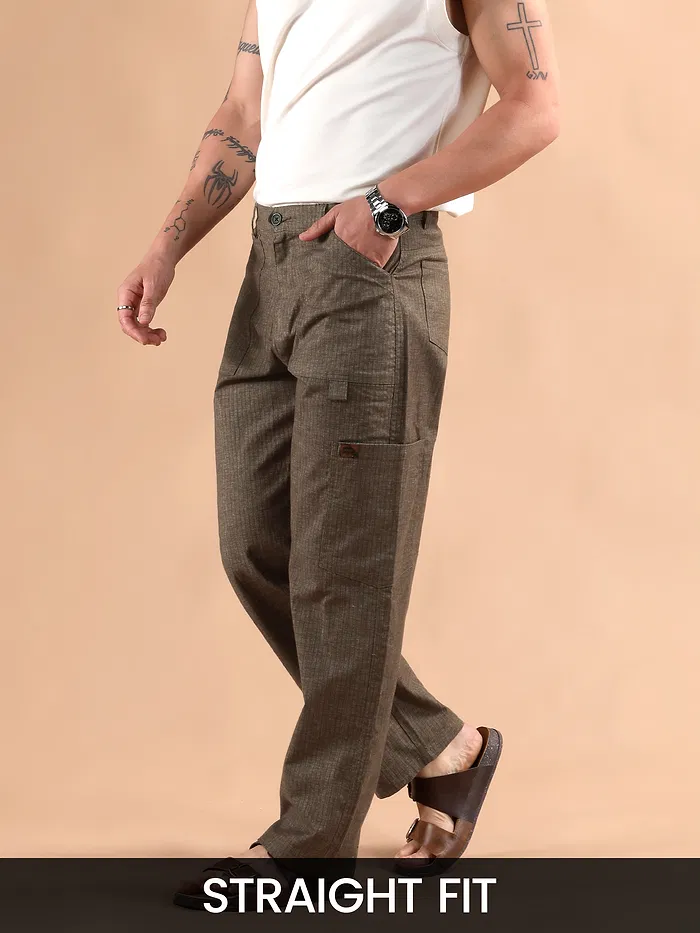 Brown Striped Patch Pocket Cargo Trousers