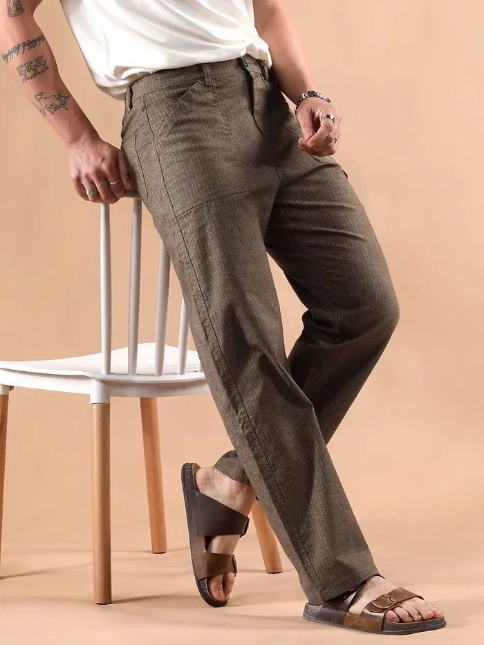Brown Striped Patch Pocket Cargo Trousers