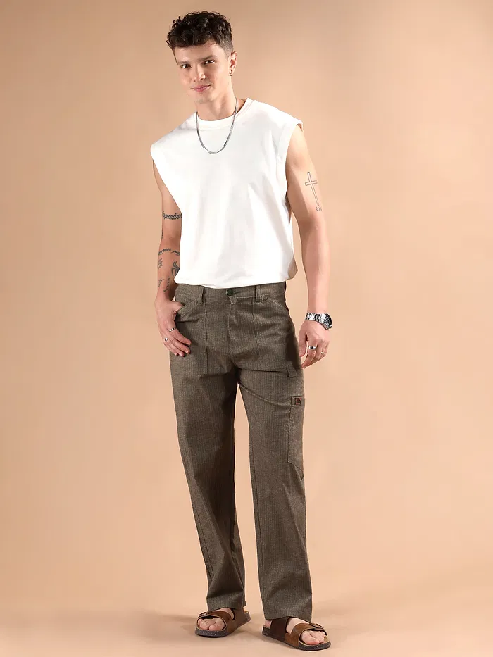 Brown Striped Patch Pocket Cargo Trousers