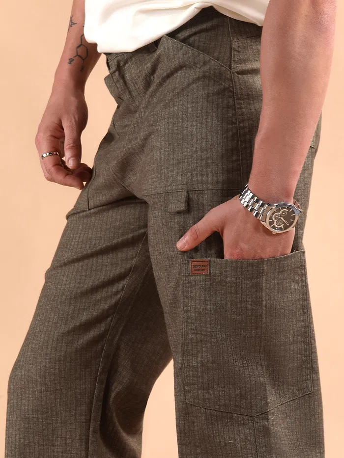 Brown Striped Patch Pocket Cargo Trousers