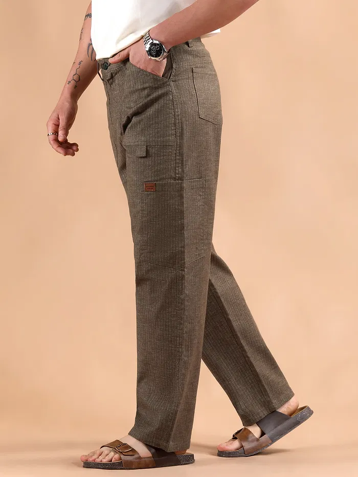 Brown Striped Patch Pocket Cargo Trousers