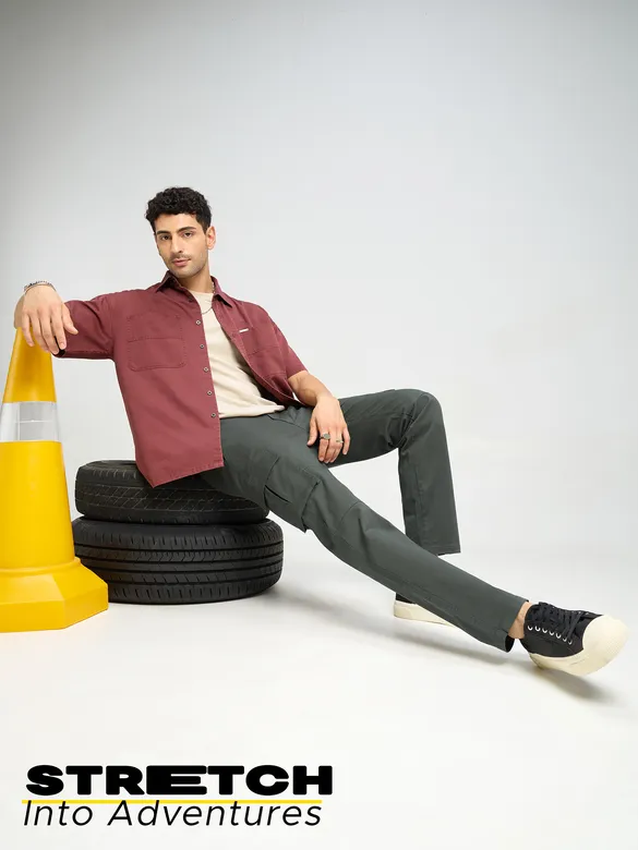 Matte Grey Solid Cargo Pants For Men