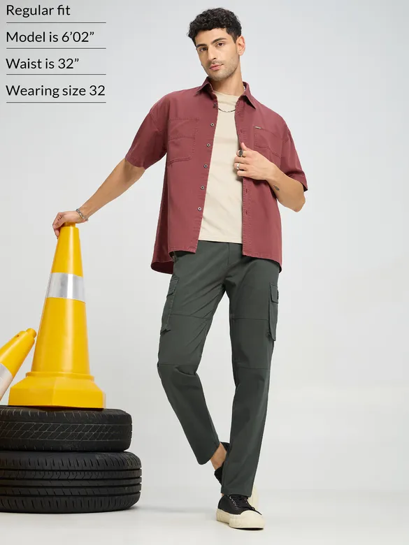 Matte Grey Solid Cargo Pants For Men