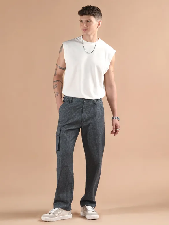 Dark Grey Striped Side Elasticated Cargo Trousers