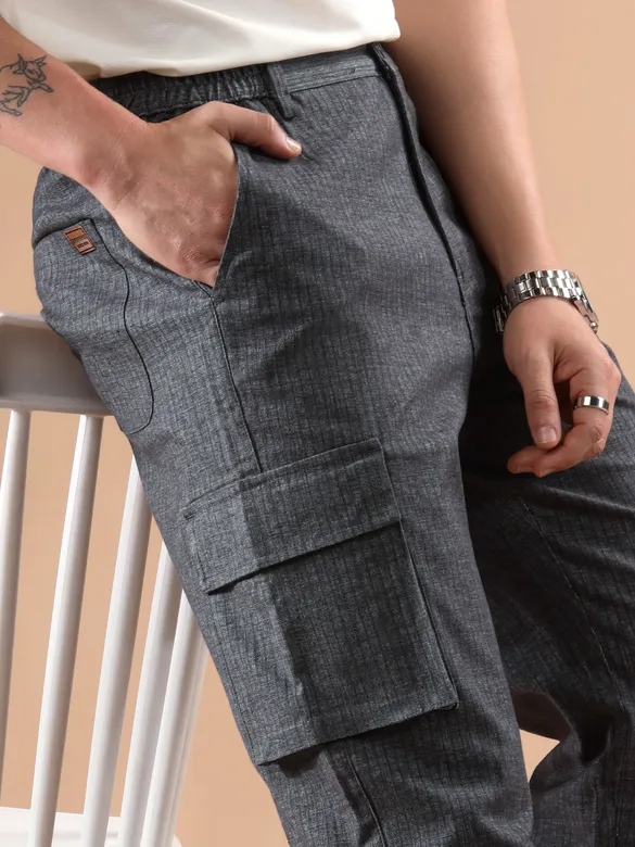 Dark Grey Striped Side Elasticated Cargo Trousers