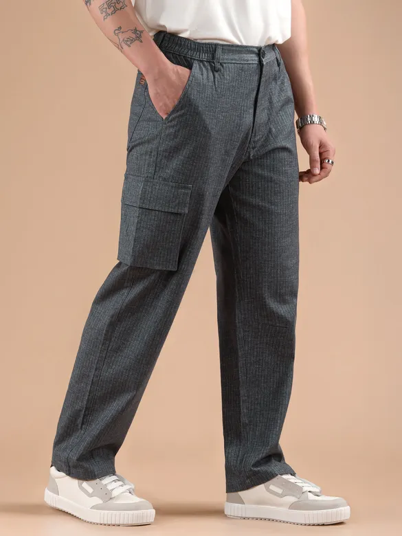 Dark Grey Striped Side Elasticated Cargo Trousers