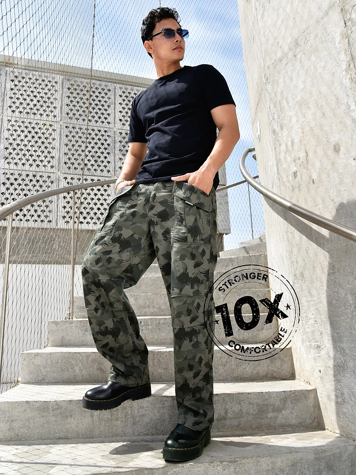 Grey Pleated Knee Camo Cargo Pants