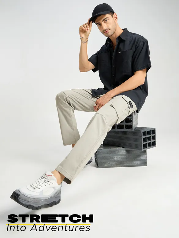 Pale Grey Solid Cargo Pants for Men