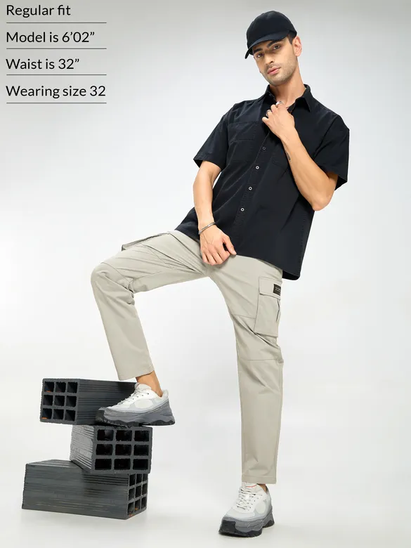 Pale Grey Solid Cargo Pants for Men