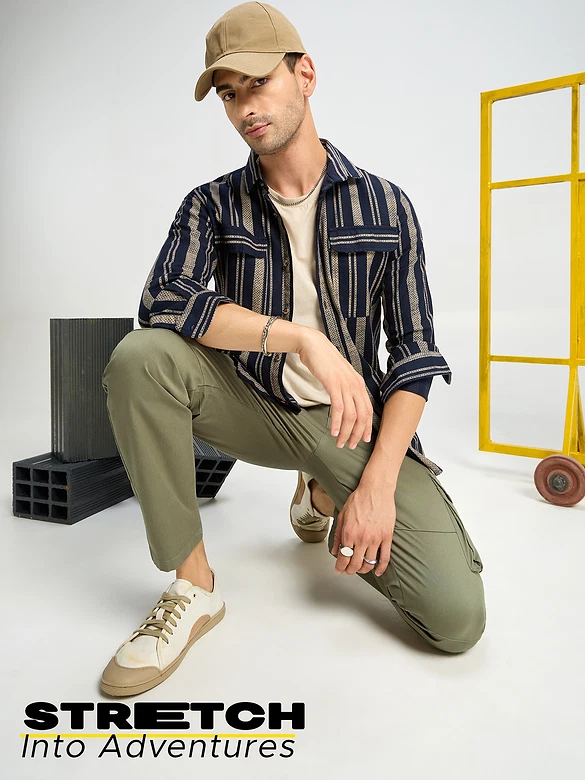 Pale Olive Solid Cargo Pants for Men