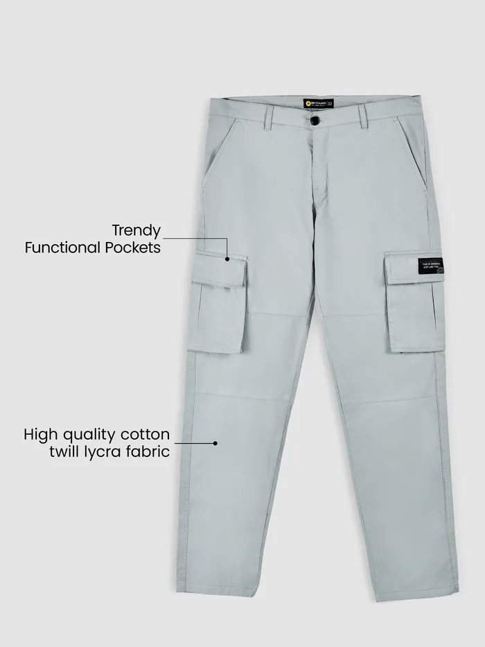 Mist Grey Solid Cargo Pants For Men