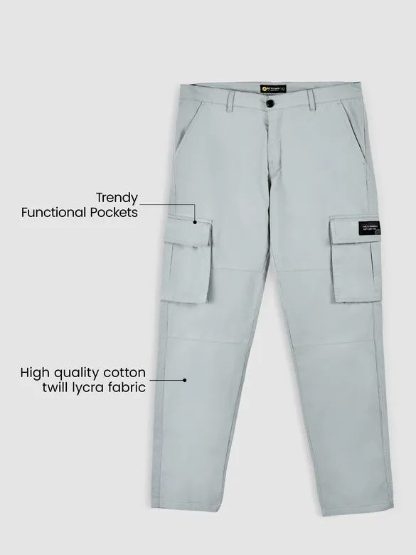 Mist Grey Solid Cargo Pants For Men