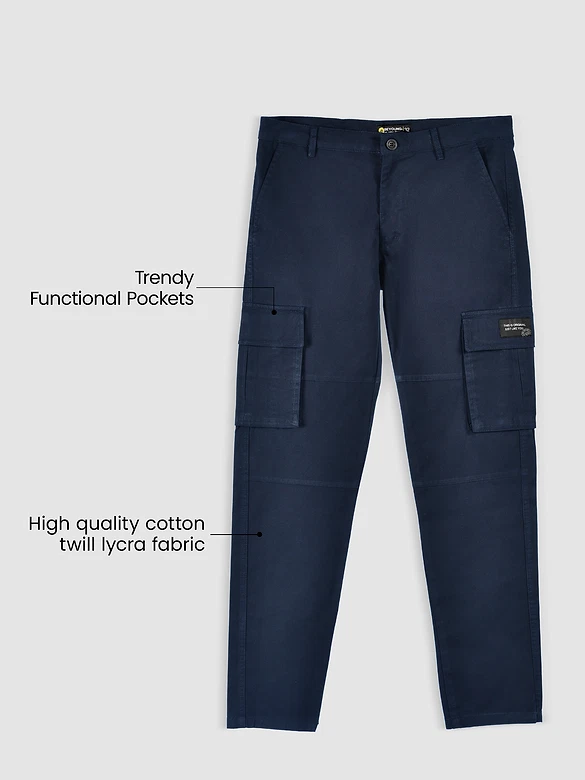 Dark Space Blue Solid Cargo Pants for Men