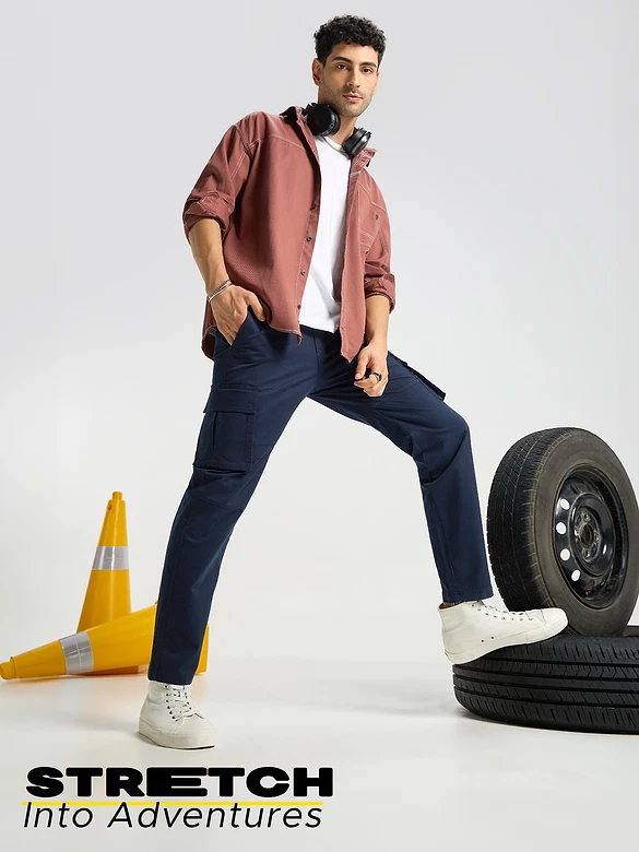 Dark Space Blue Solid Cargo Pants for Men