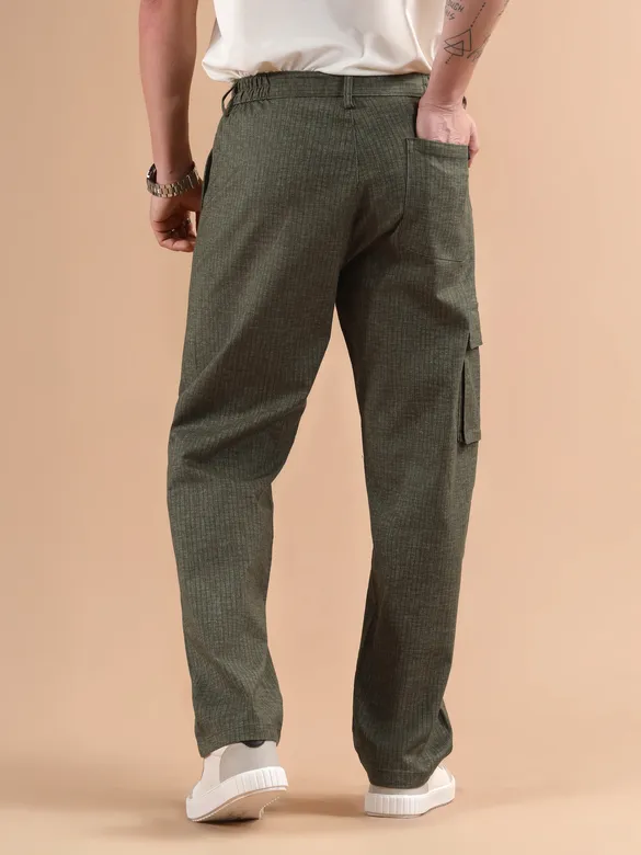 Olive Striped Side Elasticated Cargo Trousers