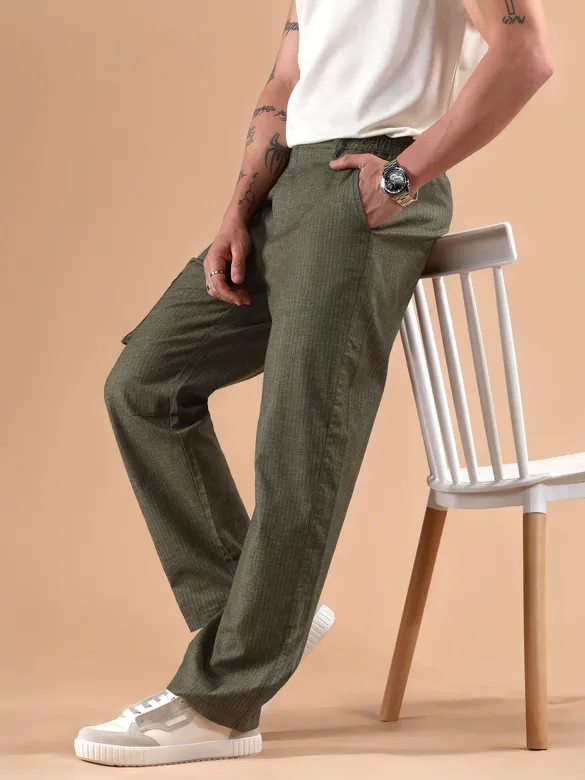 Olive Striped Side Elasticated Cargo Trousers