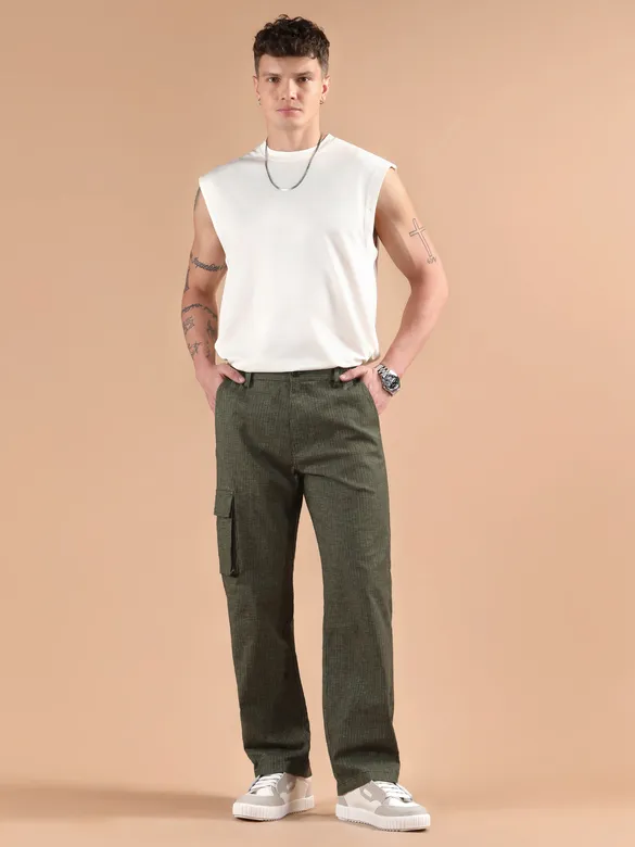 Olive Striped Side Elasticated Cargo Trousers