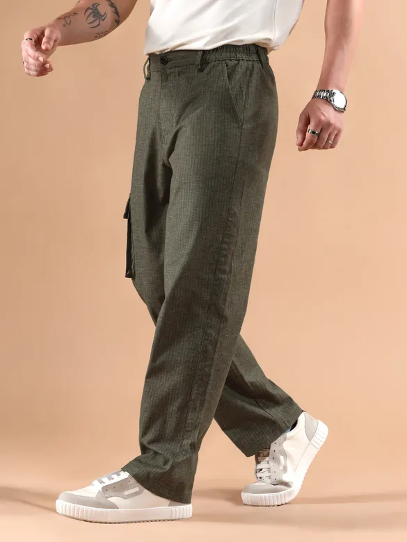 Olive Striped Side Elasticated Cargo Trousers
