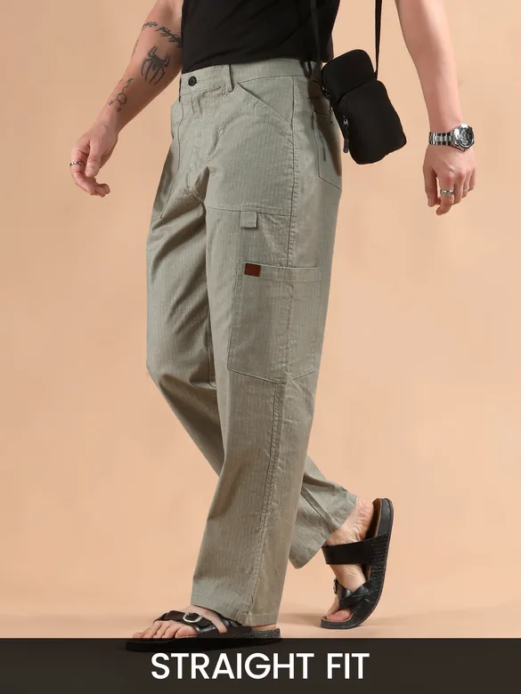Pale Grey Striped Patch Pocket Cargo Trousers