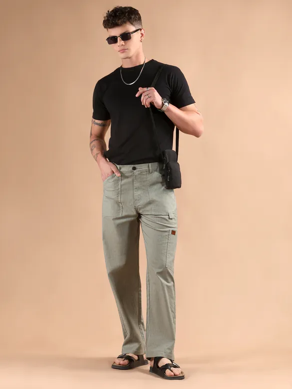 Pale Grey Striped Patch Pocket Cargo Trousers