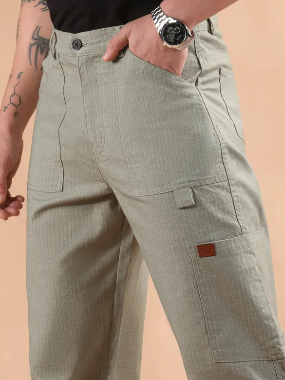 Pale Grey Striped Patch Pocket Cargo Trousers