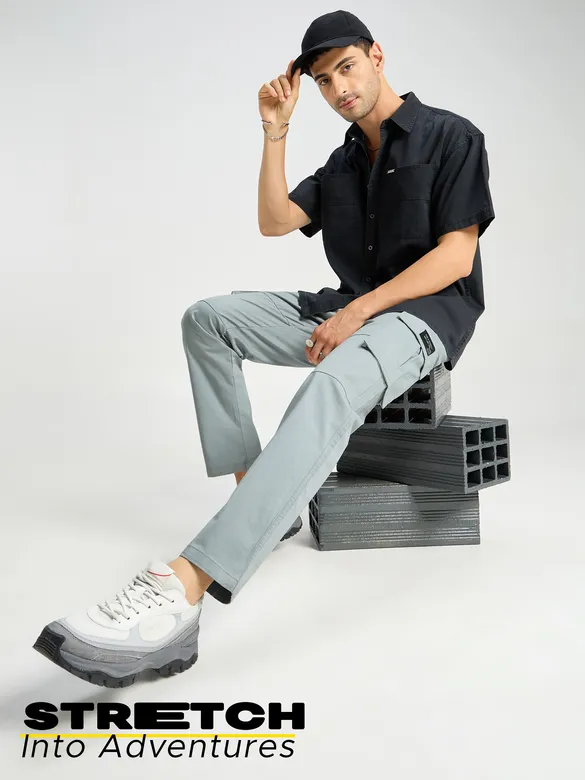 Mist Grey Solid Cargo Pants For Men