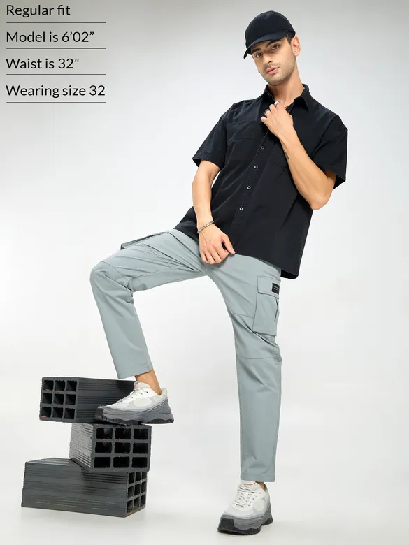Mist Grey Solid Cargo Pants For Men