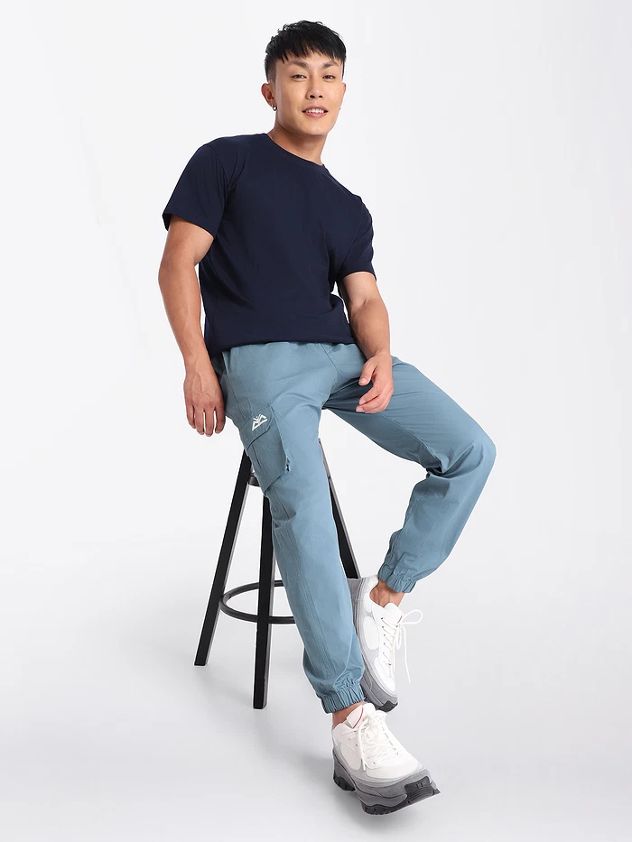 Smoky Blue Cotton Cargo Joggers