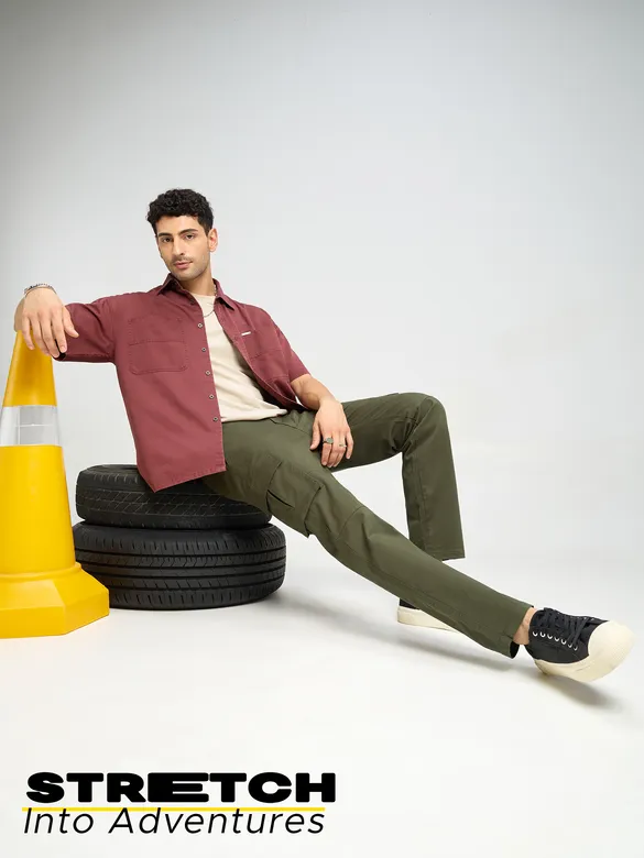 Crocodile Green Solid Cargo Pants for Men