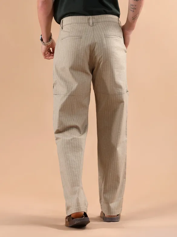 Sand Beige Striped Side Pocket Cargo Trousers