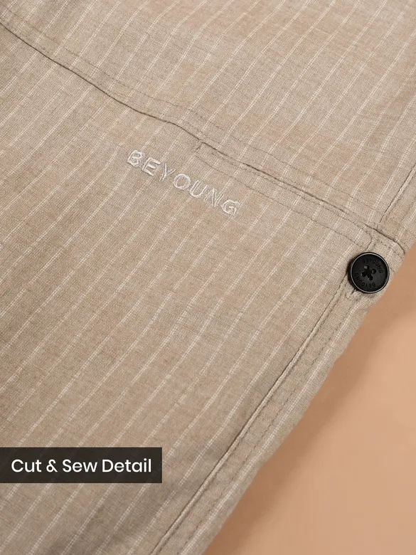 Sand Beige Striped Side Pocket Cargo Trousers