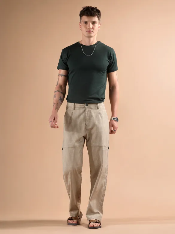 Sand Beige Striped Side Pocket Cargo Trousers