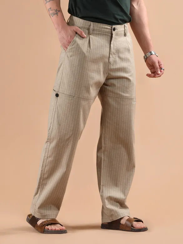 Sand Beige Striped Side Pocket Cargo Trousers