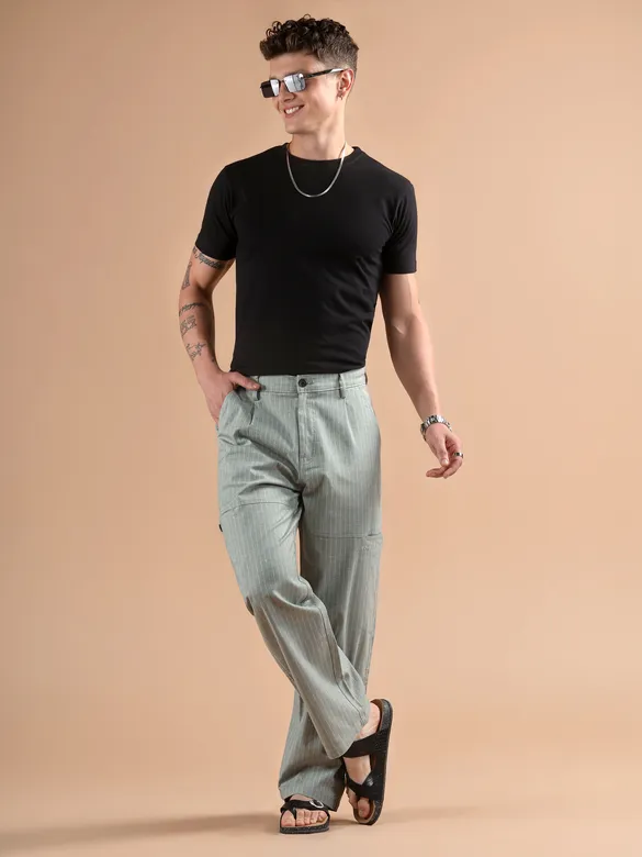 Seafoam Green Striped Side Pocket Cargo Trousers