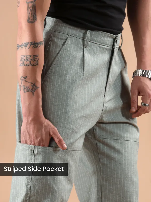 Seafoam Green Striped Side Pocket Cargo Trousers