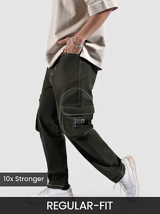 Dark Brown Cut And Sew Contrast Stitch Cargo Pants