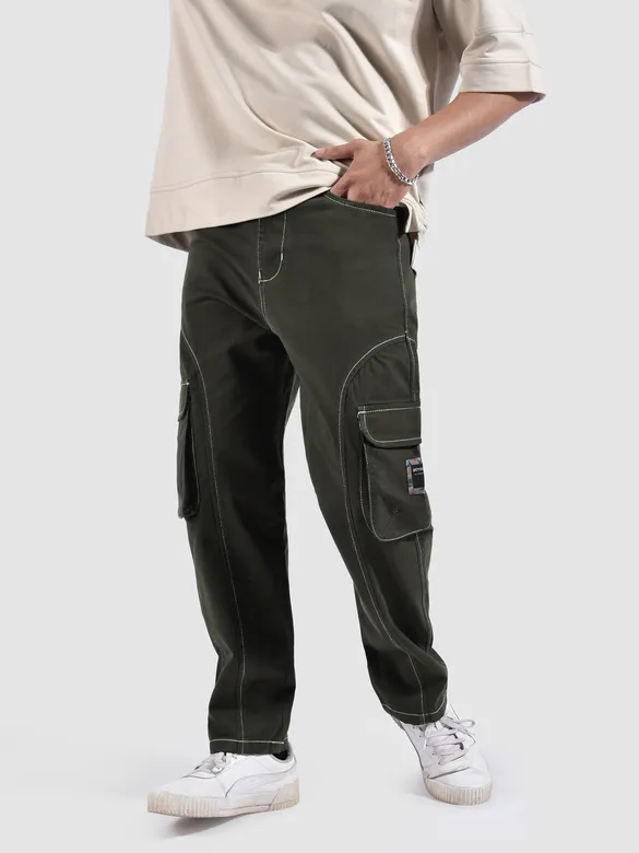 Dark Brown Cut And Sew Contrast Stitch Cargo Pants