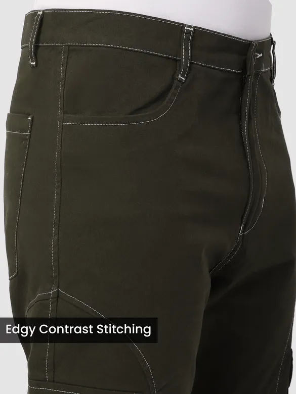 Dark Brown Cut And Sew Contrast Stitch Cargo Pants